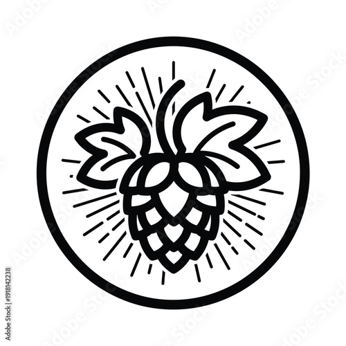 Graphic Illustration of a Botanical Hop Cone with Leaves in a Circular Burst Design