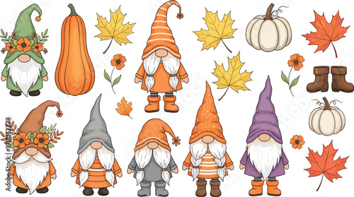 Set of cute autumn garden gnomes with pumpkins maple leaves and fall elements flat vector illustration