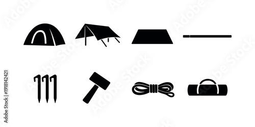 Outdoor camping shelter: tent, tarp, groundsheet, tent pole, stake, mallet, guy rope, carry bag
