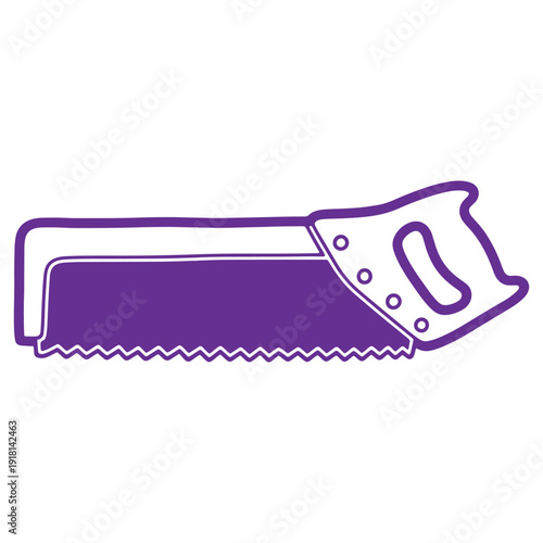A purple hand saw with a light colored handle featuring rivets and a serrated blade is depicted isolated on a plain background suitable for construction and DIY themes