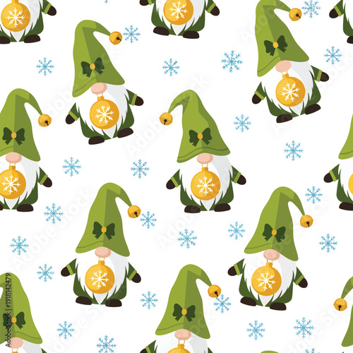 Seamless winter pattern with festive gnomes, green hats, golden ornaments, and blue snowflakes.