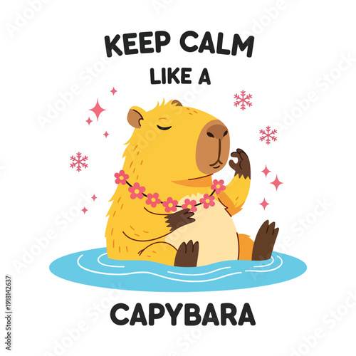 Cute Capybara Illustration Relaxing Calmly in Water with Flower Lei Vector Graphic