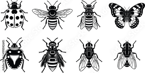 Black vector silhouette set of various insects including a ladybug honey bee wasp butterfly beetle and fly for nature education and pest control branding