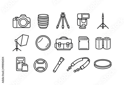 Photography gear set: camera body, camera lens, tripod, flash unit, light stand, softbox, reflector, camera bag, memory card, battery pack, charger