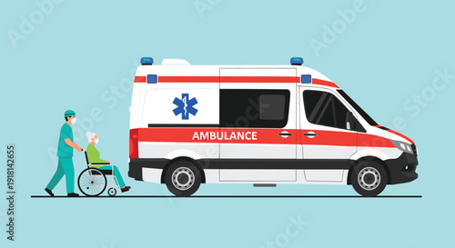 Ambulance with masked medical staff pushing patient in wheelchair, emergency healthcare transport illustration - flavector