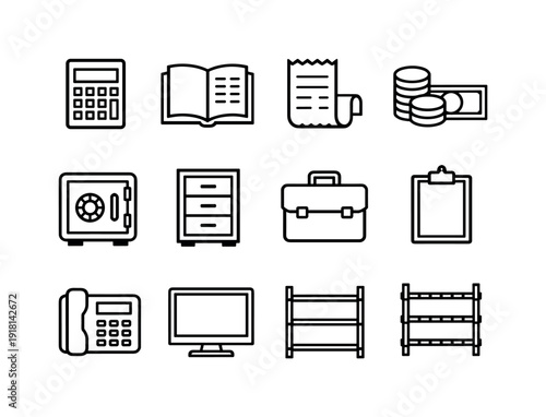 Cost control and efficiency governance items in linear style: calculator, ledger book, receipt paper, coin stack, banknote, safe, filing cabinet