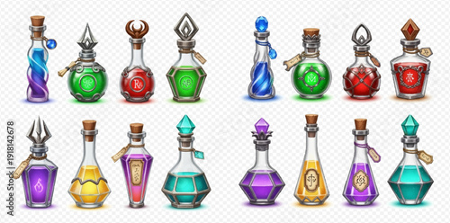 Set of magic potion bottles with colorful liquids and fantasy elixirs for games and witchcraft.
