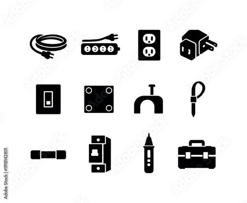 Home electrical supplies: extension cord, power strip, wall outlet, plug adapter, light switch, junction box, cable clip, cable tie, fuse, circuit