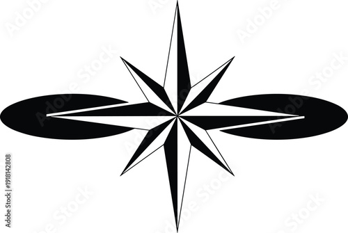 Black compass rose star symbol illustration showing navigation and direction, sharp geometric design, nautical guidance icon, vector artwork isolated on white background