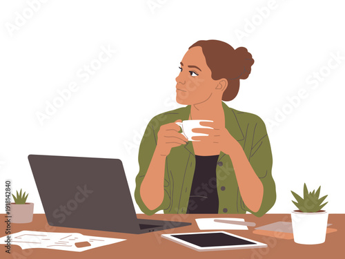 Young woman taking a coffee break while working at her desk with a laptop and tablet.