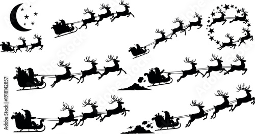 Set of Santa Claus Sleigh Silhouettes with Reindeer Flying in Night Sky for Christmas Design