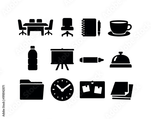 Payment administration review and approval meeting items in silhouette style: meeting table, chair, notebook, pen, coffee cup, water bottle