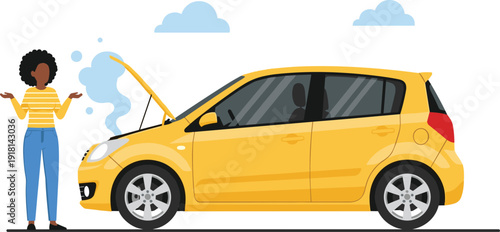 MobileBroken car illustration, woman with vehicle problem, roadside assistance concept, engine failure, flat vector – flavector