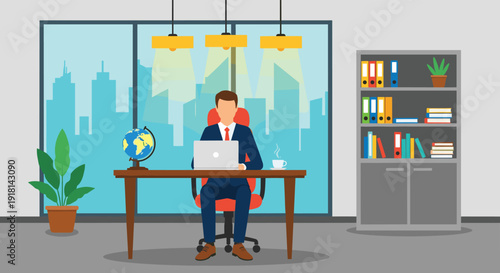 Business professional working on laptop in modern office interior with city skyline, bookshelf, plants, globe, productivity, remote work, corporate workspace illustration