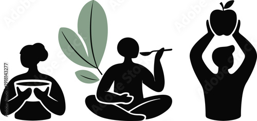  Healthy Eating Silhouette Set for Nutrition Habit & Wellness Lifestyle Vector Illustration