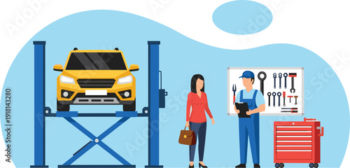 Car service repair workshop illustration, auto mechanic checking vehicle on lift with customer consultation