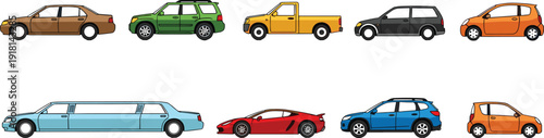 Car types illustration set, different vehicle models, sedan SUV truck limousine, transportation collection, flat vector – flavector