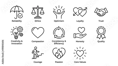 Business ethics and values icon collection created in line style with black and white palette
