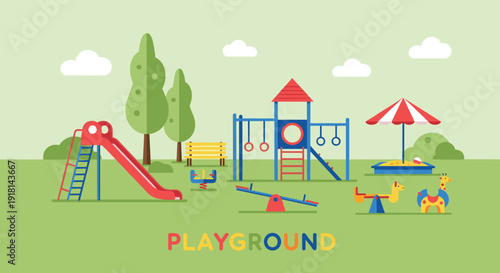 Colorful outdoor playground with slides, swings, seesaw, sandbox, spring riders, trees, vibrant design - flavector