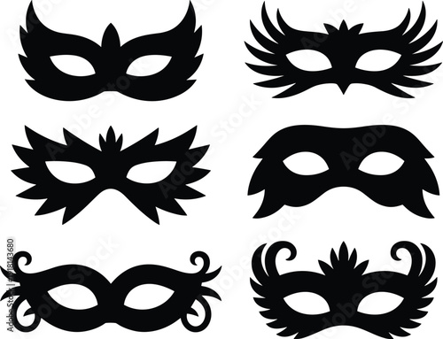 Black carnival mask silhouette vector icon set, elegant masquerade eye covers for party and ball