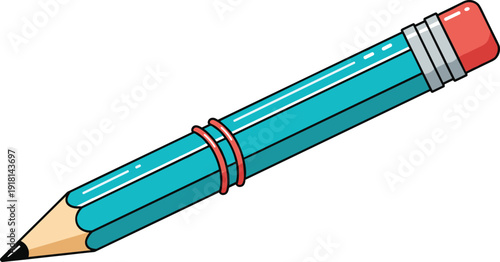 Colorful pencil illustration for education and creativity, playful cartoon stationery object with rubber bands, flat vector design isolated on white background