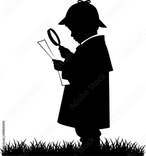 Silhouette of a curious child detective with a magnifying glass and map, little explorer investigating outdoors vector illustration.
