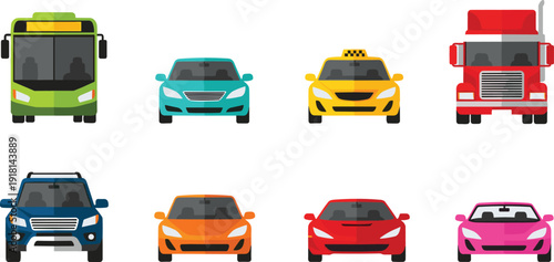 Colorful vehicle front view illustration set, cars, bus, taxi, truck icons, flat vector style, flavector