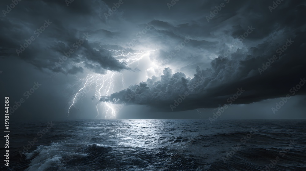 Fototapeta premium Dramatic Lightning Storm Over Dark Ocean Waters at Night.