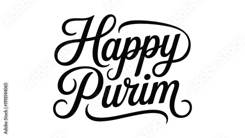 Happy Purim Hand Lettering Typography Design in Elegant Script Style Isolated on White Background for Jewish Festival Celebration