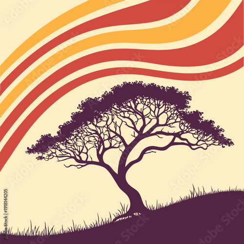 Tree silhouette with colorful wavy lines