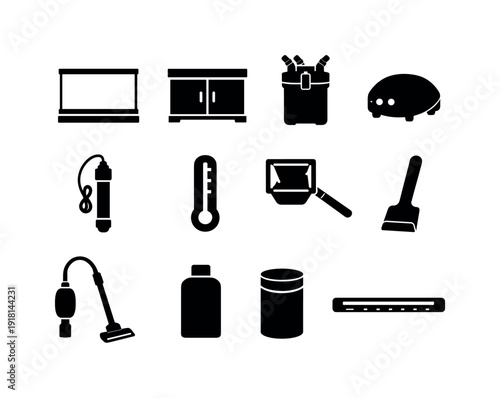 Home aquarium equipment: fish tank, tank stand, water filter, air pump, heater rod, thermometer, fish net, algae scraper, gravel vacuum, water