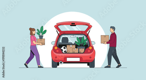 Couple loading car with boxes plants, moving house relocation concept, modern lifestyle flat vector illustration