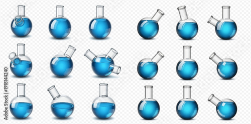 Set of realistic 3D glass chemical flasks with blue liquid for science experiments and laboratory research.