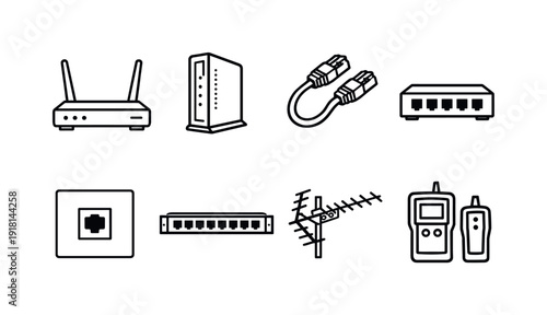 Home networking hardware: Wi-Fi router, modem, ethernet cable, network switch, wall jack, patch panel, antenna, cable tester
