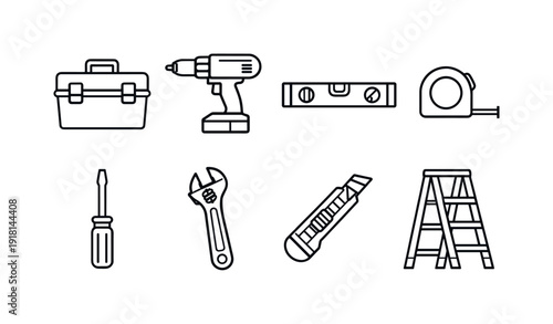 Home maintenance kit: toolbox, cordless drill, spirit level, measuring tape, screwdriver, adjustable wrench, utility knife, step ladder