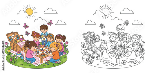 Kids Picnic and Art Activity Outdoors with Butterflies - Coloring Page Included