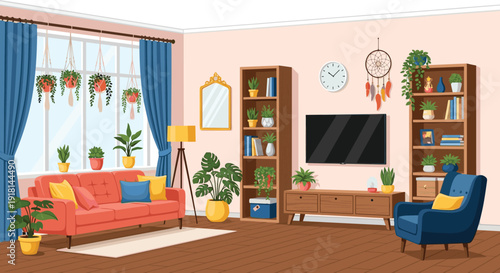 Cozy living room interior with plants, modern home decor furniture, bookshelf television, flat vector illustration