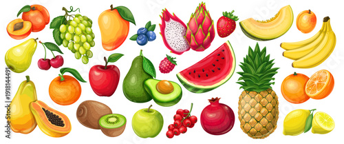 AdobFresh Fruits Collection with apple, banana, orange, mango, pineapple, watermelon, kiwi, avocado, grapes, pear and berries. Fresh Fruits Collection bright tropical and farm produce. cartoon style v