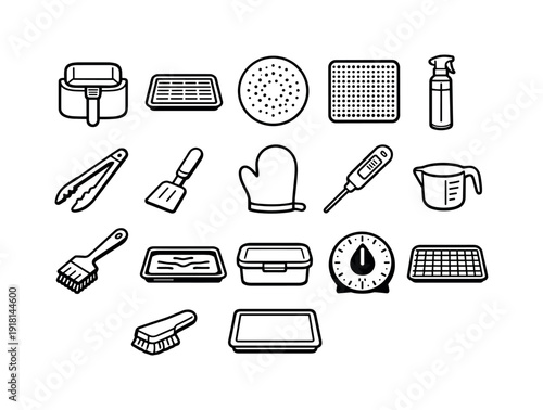 Home kitchen air fryer accessories: air fryer basket, air fryer tray, parchment liner, silicone mat, oil spray bottle, tongs, spatula, heat resistant