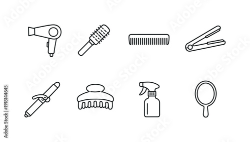 Hair styling tools: hair dryer, round brush, comb, hair straightener, curling iron, hair clip, spray bottle, mirror