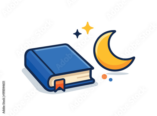 Calm daily habit of preparing a simple and comforting evening routine without screens or noise, a closed book paired with a small moon icon