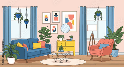 Cozy modern living room interior with sofa armchair plants, stylish home decor, flat vector illustration