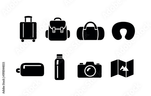 Outdoor travel basics: suitcase, backpack, duffel bag, travel pillow, toiletry bag, water bottle, camera, map