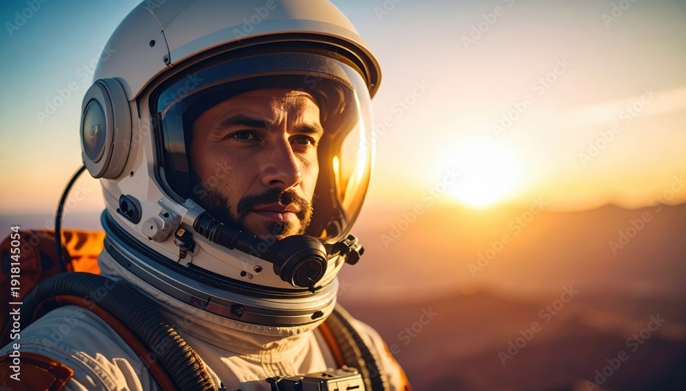 Fototapeta premium An Astronaut's Gaze at the Horizon on an Alien Planet at Sunrise