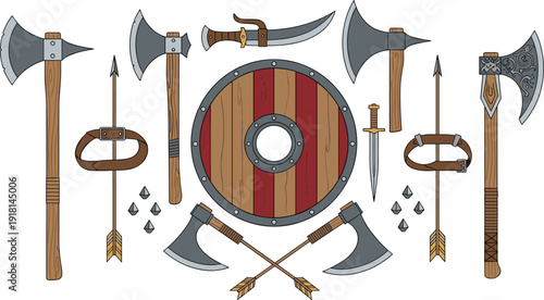 Medieval weapons and Viking warrior equipment vector set with axes swords shield arrows and battle gear in cartoon style.