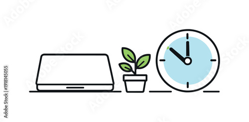 Mindful workday balance and mental sustainability in everyday professional life focused on wellbeing, a closed laptop beside a small plant and a clock