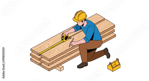 Carpenter Measuring Wooden Plank with Tape Measure.