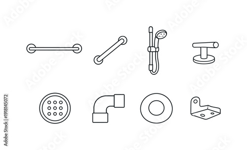 Home bathroom hardware: towel bar, grab bar, shower rail, faucet handle, drain cover, pipe elbow, escutcheon plate, mounting bracket