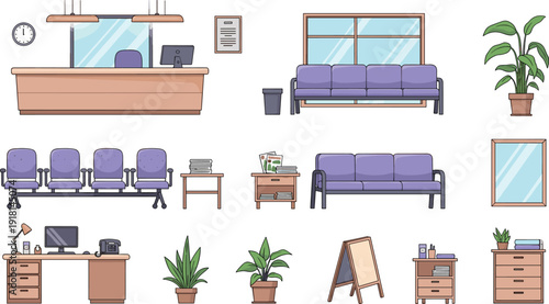 Hospital Reception and Waiting Room Interior Set with Desk, Sofa, Chairs, Office Furniture, and Medical Clinic Elements Vector Collection.
