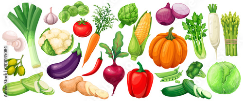 AdoFresh vegetables icons set with cabbage, carrot, corn, pumpkin, tomato, cucumber and broccoli. Colorful farm produce collection for grocery, menu and packaging design. Vector illustration.